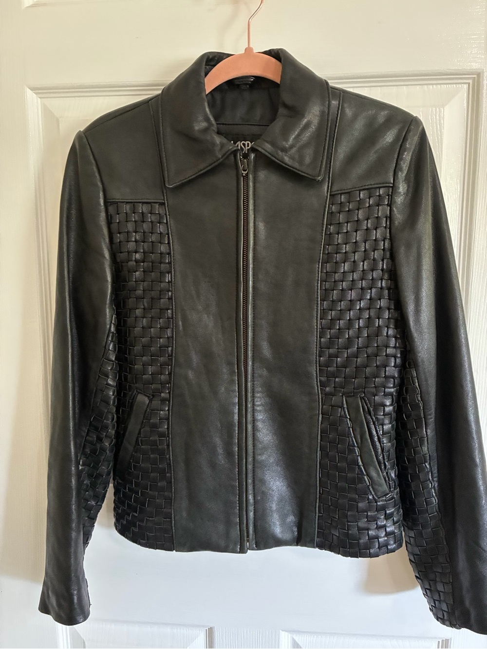 Kasper Black Woven-Panel Leather Jacket